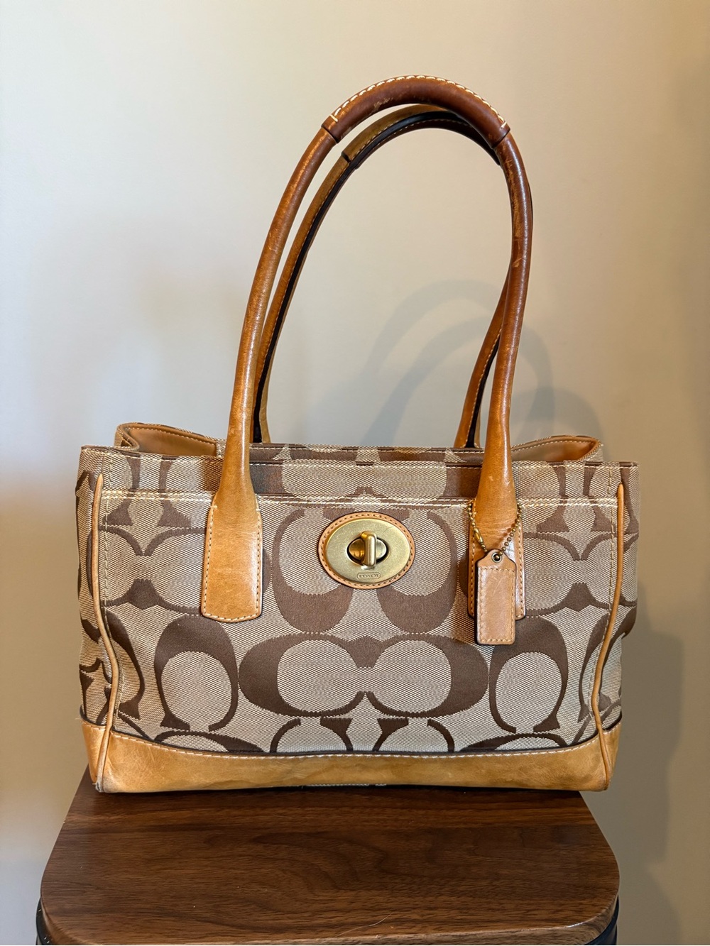 Vintage Coach Y2K Signature Canvas & Vachetta Leather Turnlock Tote Bag